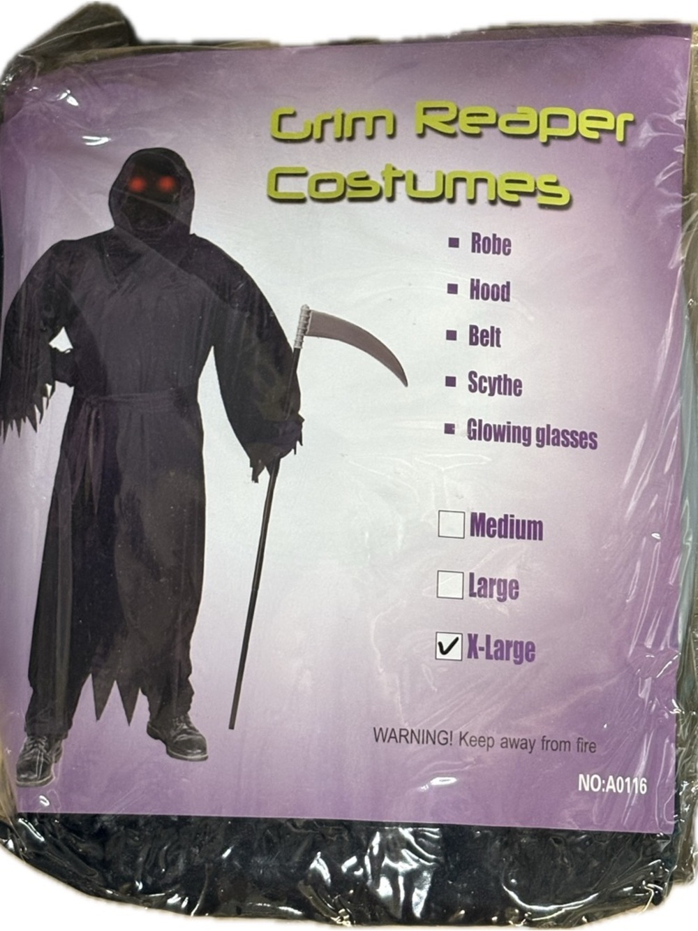 Grim Reaper Costume Boys Girls XL Black Robe Scythe Glowing Glasses Halloween